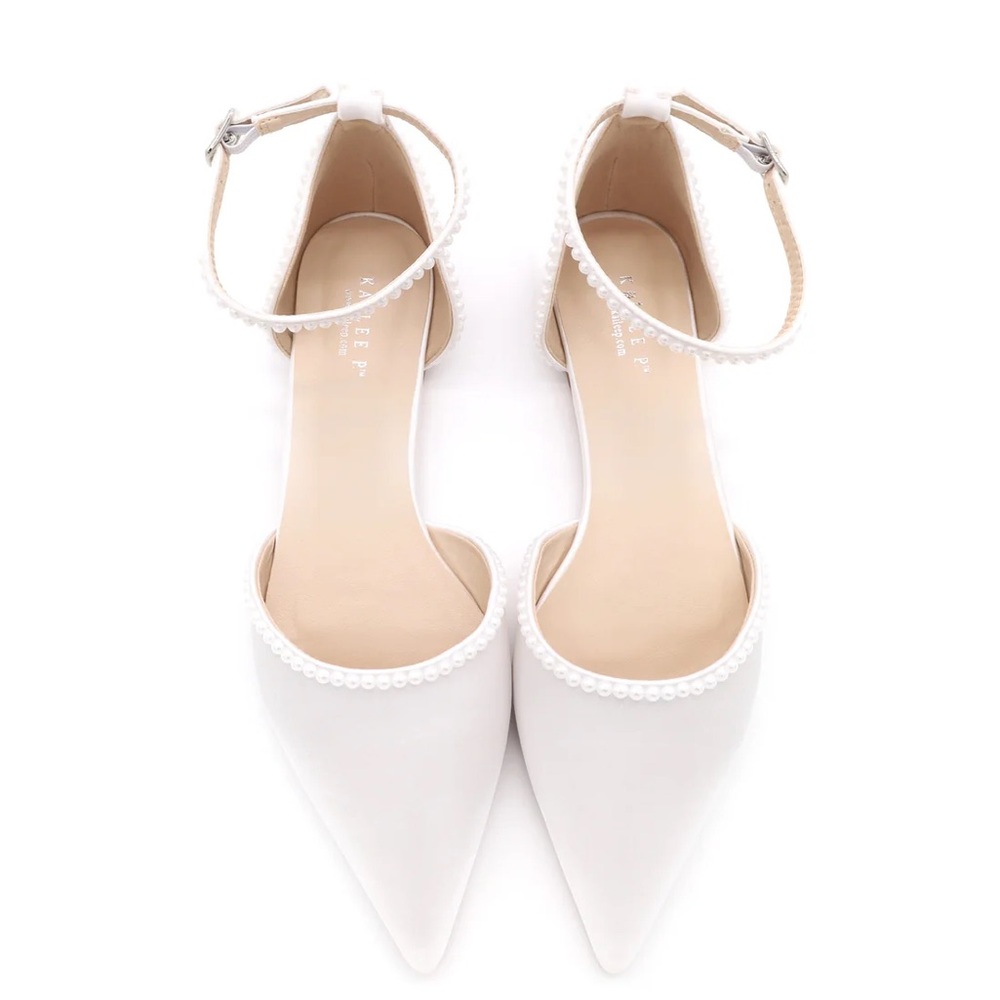 Kailee P. Satin Pointy Toe Flats with Mini Pearls and Ankle Strap